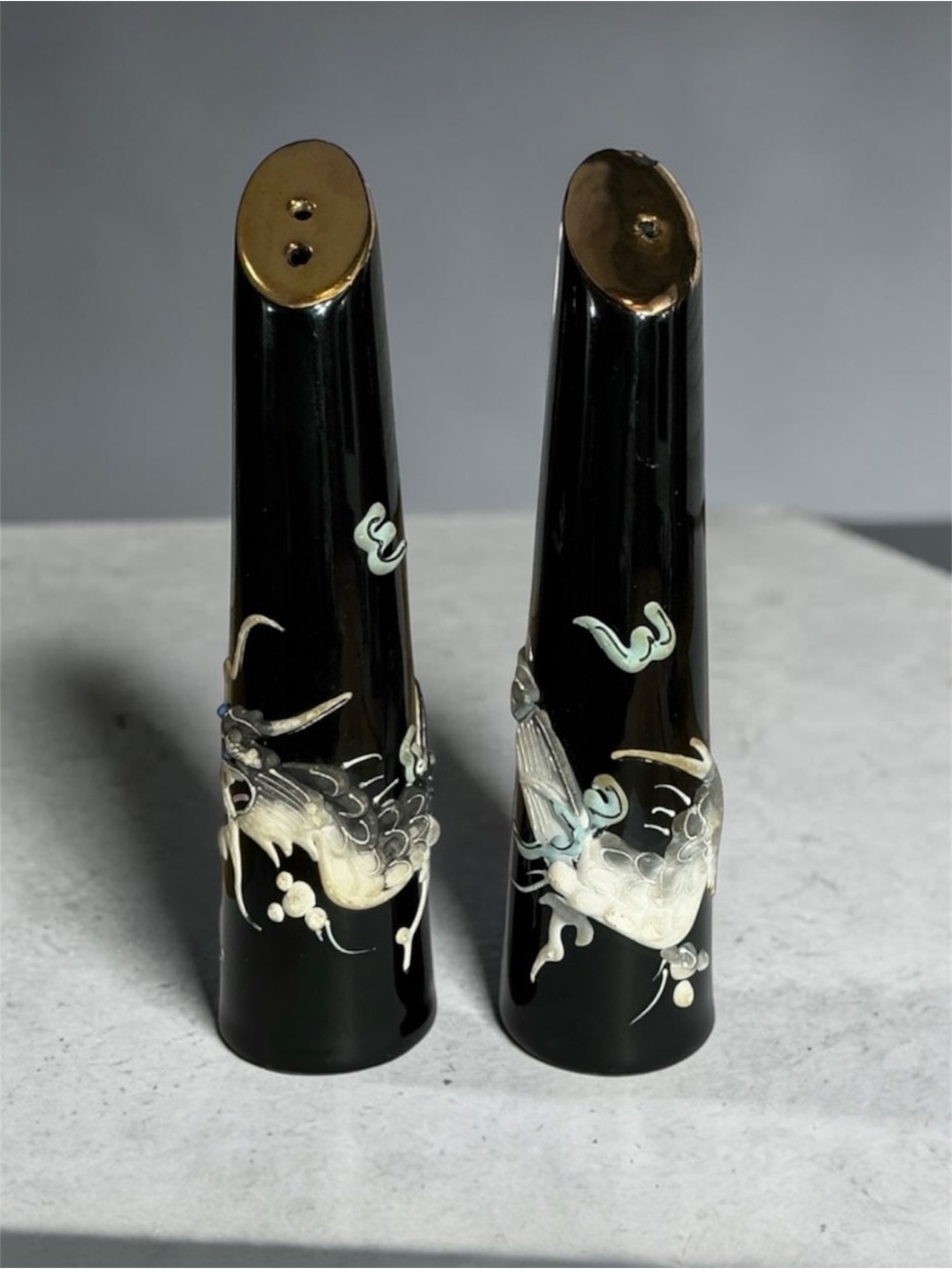 Black Lacquered Dragon Salt & Pepper Shakers - Mother of Pearl Inlay